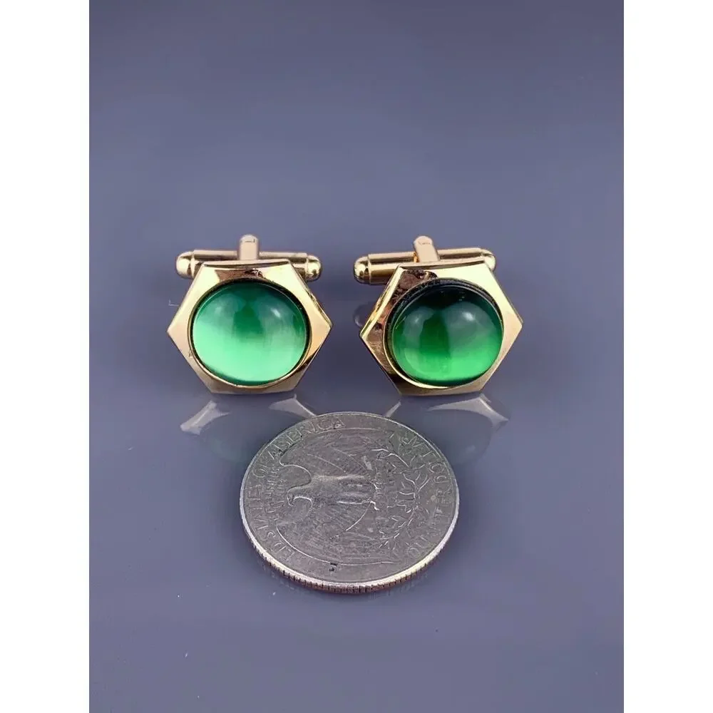 Green Round Cabochon Cufflinks Gold Tone Hexagon Simple Cats Eye Vintage